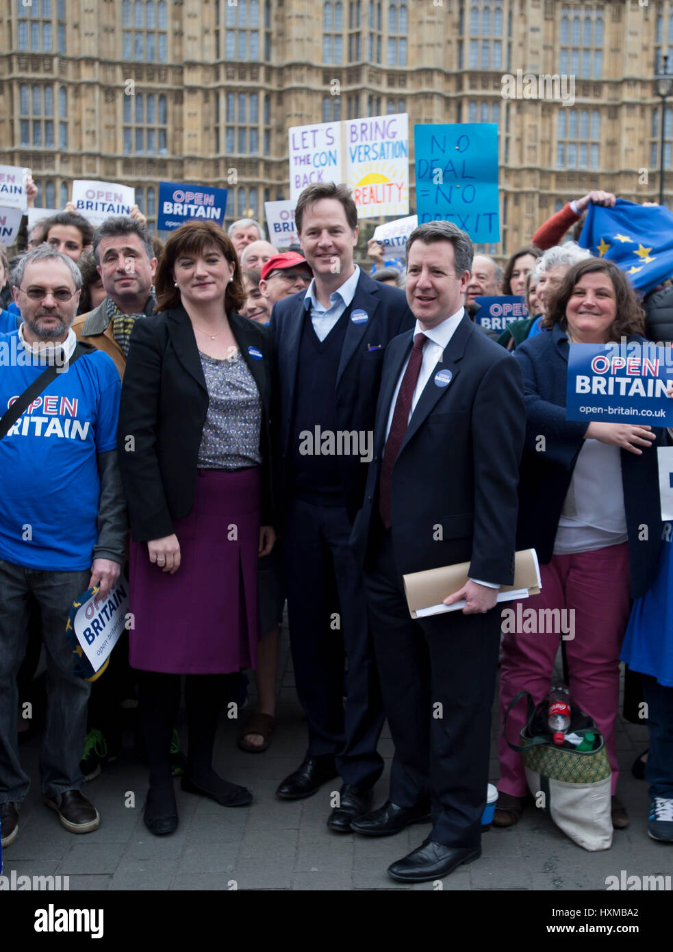 (left to right) MPs Nicky Morgan, Nick Clegg and Chris Leslie join members of Open Britain, which campaigns for a soft Brexit in Parliament Square, London after the Prime Minister Theresa May signed a letter to trigger Article 50 that starts the formal exit process by the UK from the European Union. Stock Photo