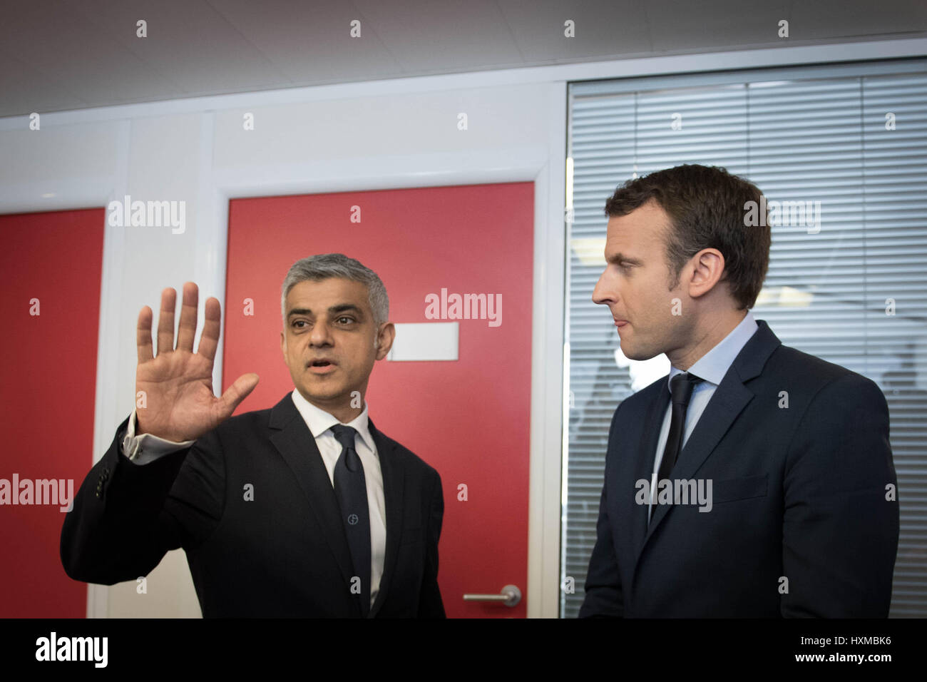 Mayor of London Sadiq Khan meets French Presidential candidate, Emanuel Macron, at his campaign offices in Paris where they discussed the UK leaving the EU. Stock Photo