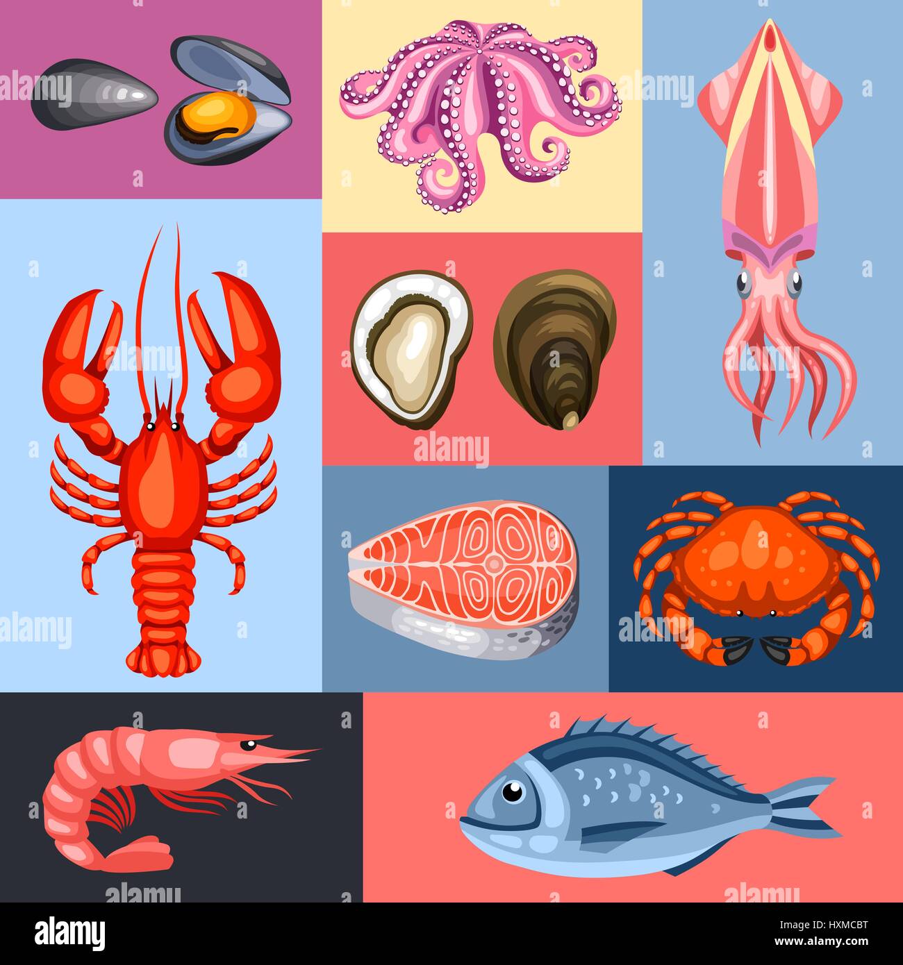 Background with various seafood. Illustration of fish, shellfish and ...