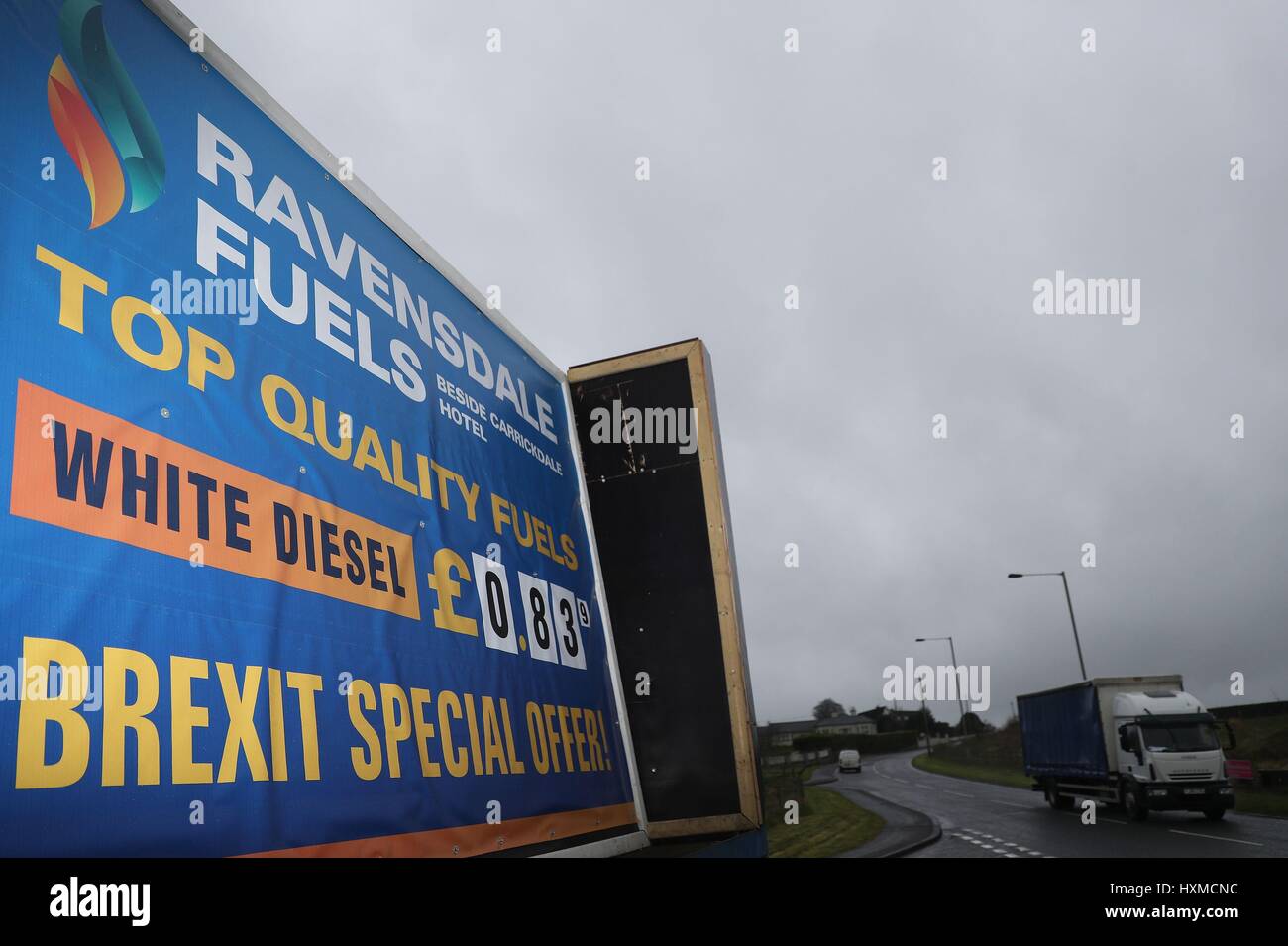 A fuel company offers a 'Brexit Special Offer' at the border between the Republic of Ireland and Northern Ireland near the village of Killeen, as Prime Minister Theresa May triggers Article 50, starting the process that will see Britain leave the EU. Stock Photo