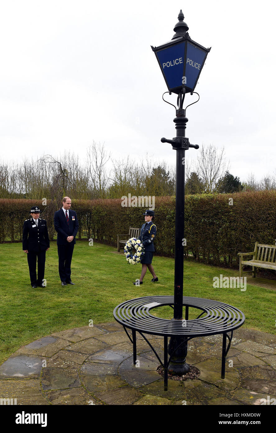 The Duke of Cambridge stands with Staffordshire Police Chief Constable Jane Sawyers, before laying a wreath at the Police memorial, at the National Arboretum in Alrewas, Staffordshire. Stock Photo