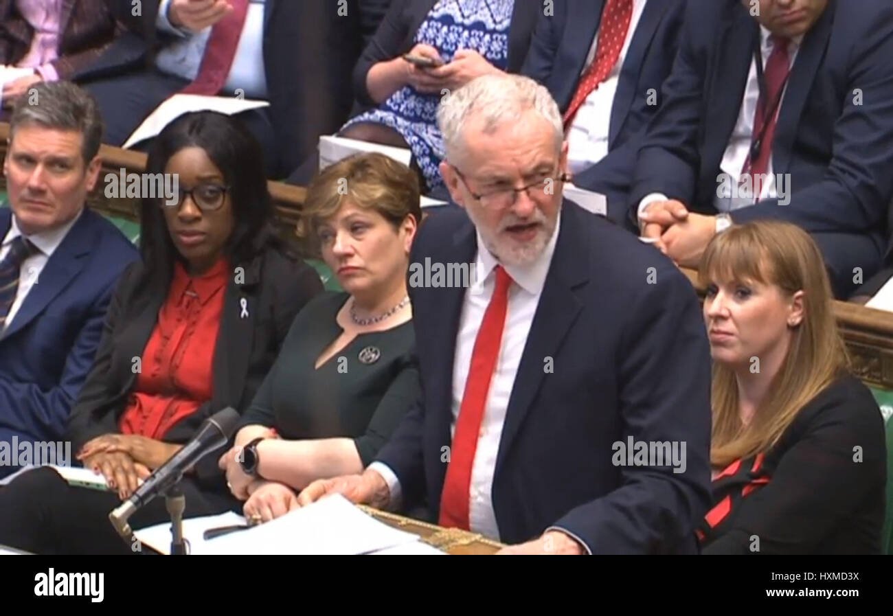 Labour Party leader Jeremy Corbyn replies to an announcement by Prime Minister Theresa May in the House of Commons, London, that she has triggered Article 50, starting a two-year countdown to the UK leaving the EU. Stock Photo