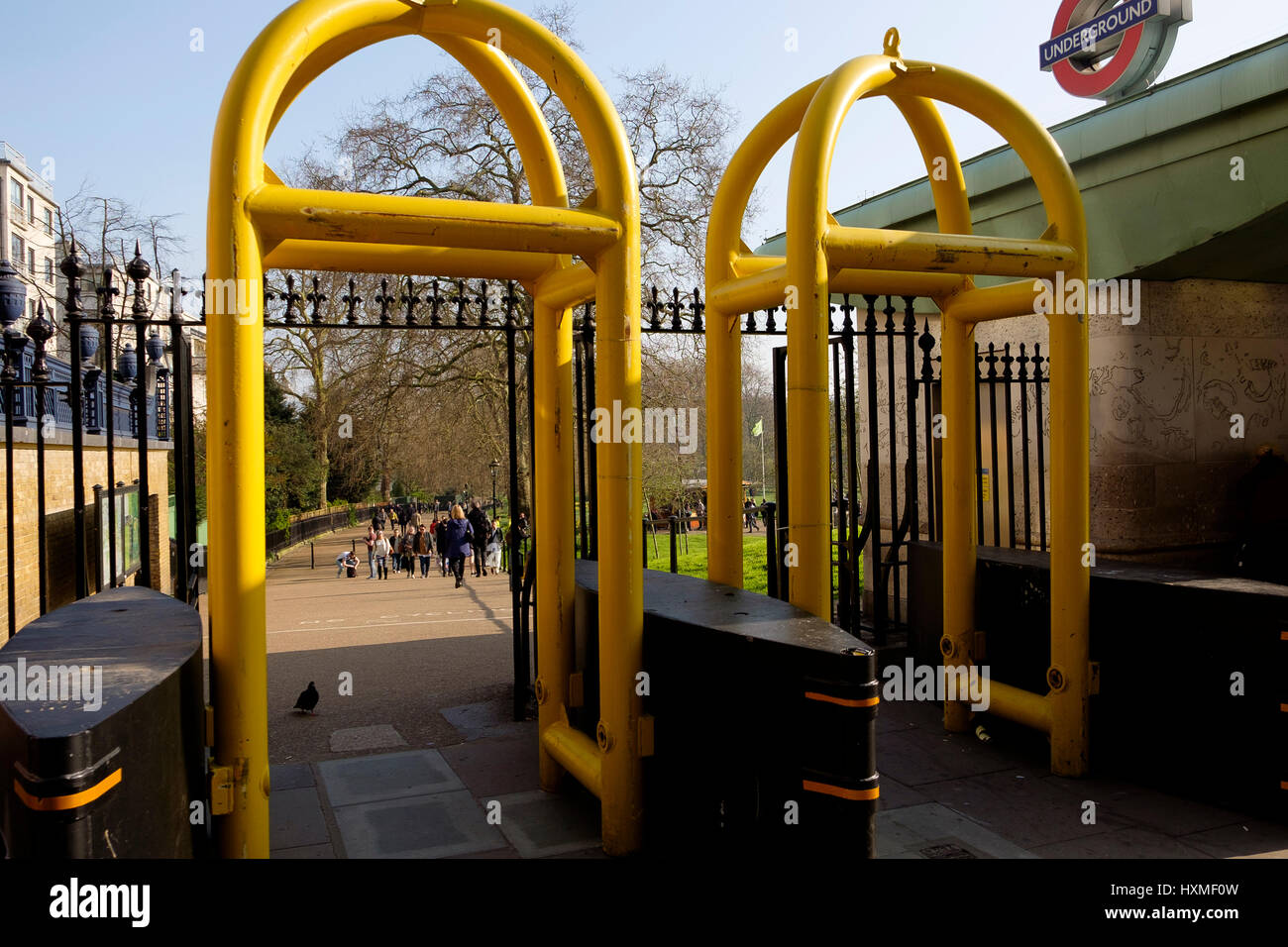 Security barriers at the entrance to Green Park outside Green Park tube