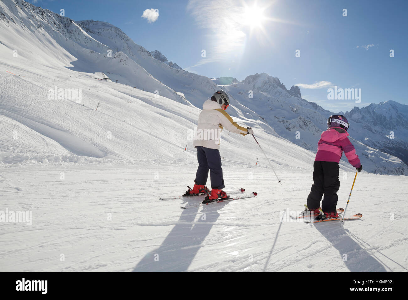 Young skiers at Domaine de Balme ski resort in Le Tour outside of Chamonix-Mont-Blanc. Stock Photo