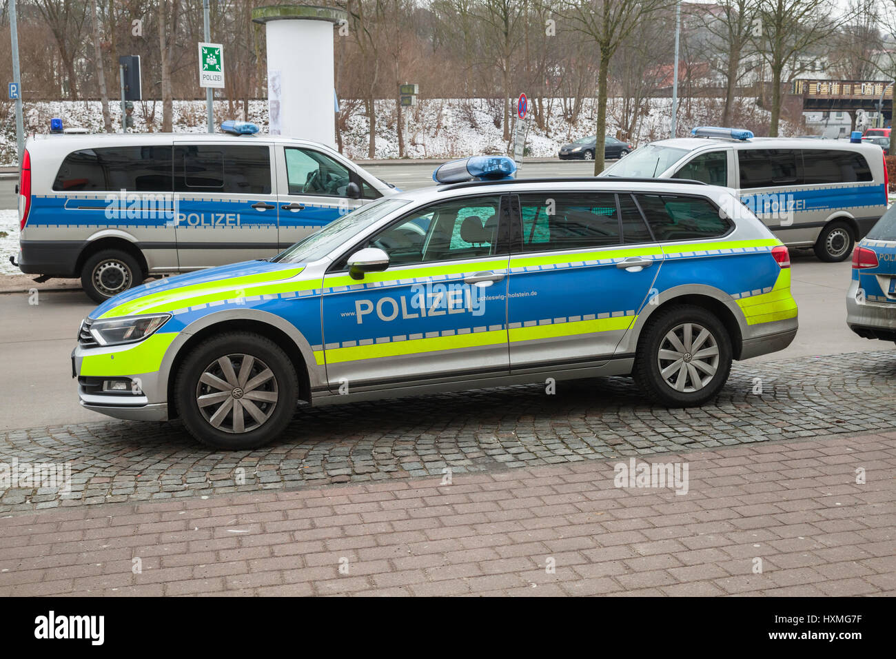 Flensburg, Germany - February 10, 2017: Volkswagen Passat, modern German police car parked on the roadside, closeup photo Stock Photo