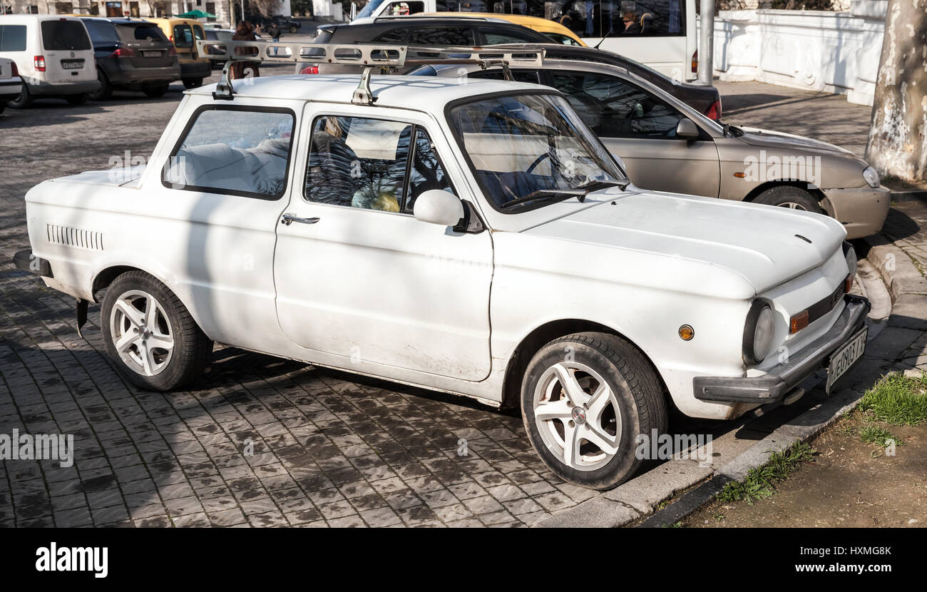 Novorossiysk, Russia - March 25, 2017: Close-up photo of old white ZAZ-968M Zaporozhets supermini city car Stock Photo