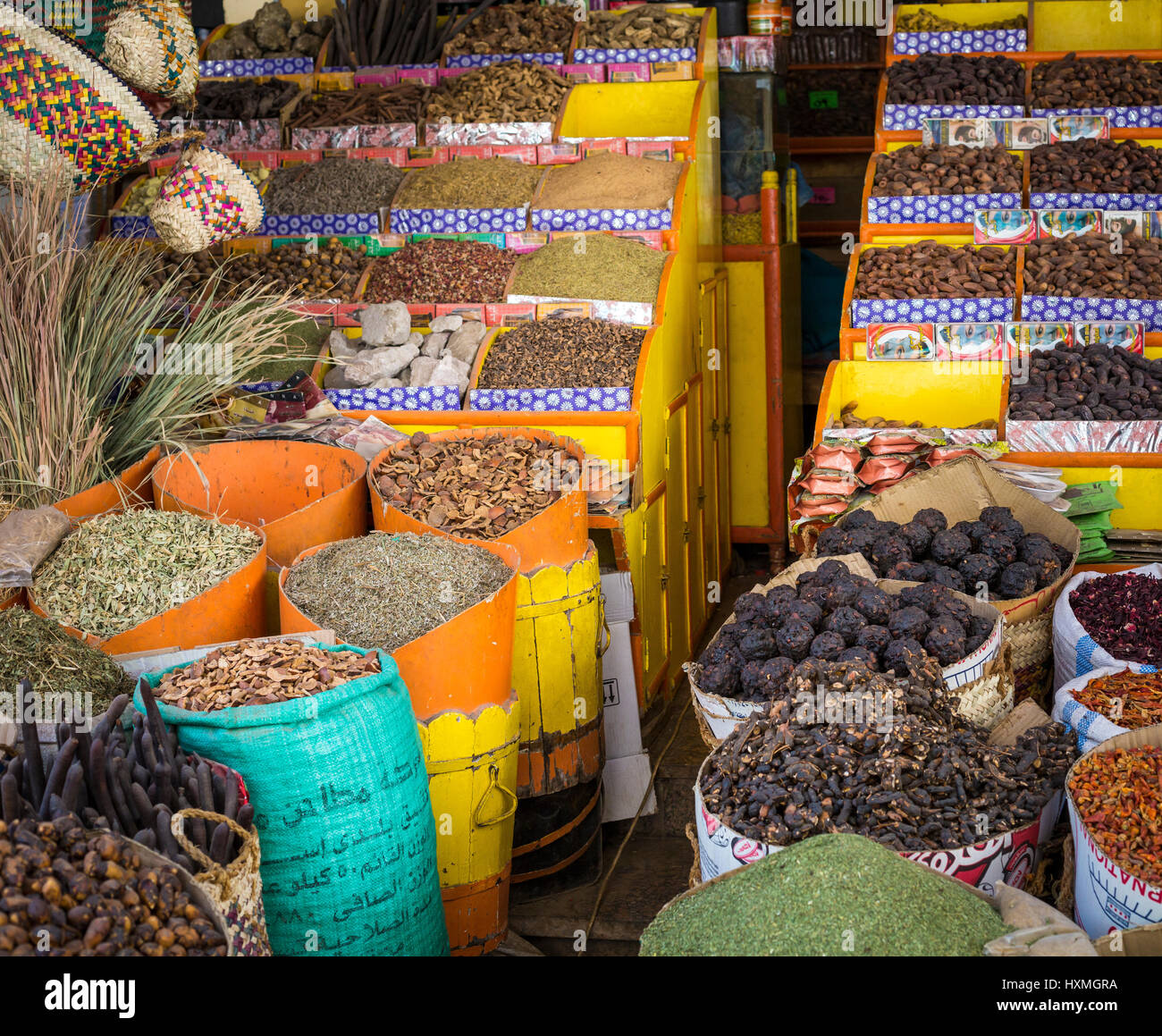 Traditional spices bazaar with herbs and spices in Aswan, Egypt. Stock Photo