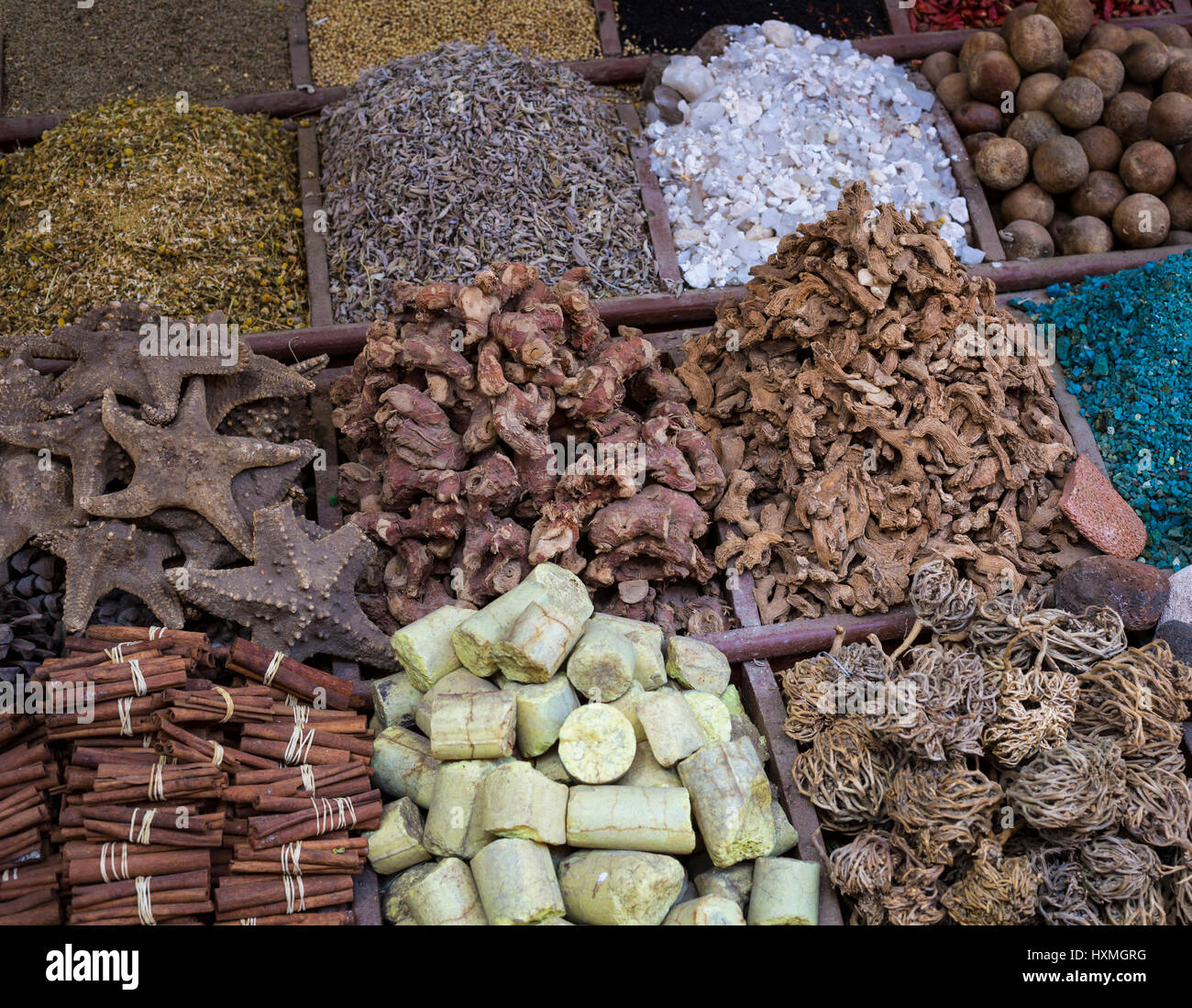 Traditional spices bazaar with herbs and spices in Aswan, Egypt. Stock Photo