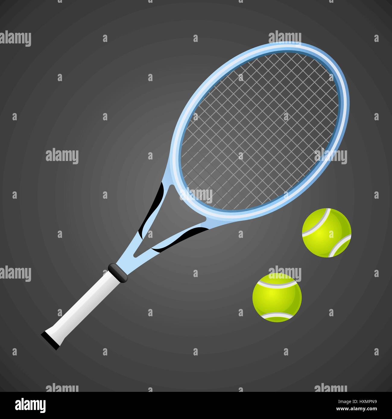 Tennis racket and balls isolated on dark background. Vector illustration Stock Vector