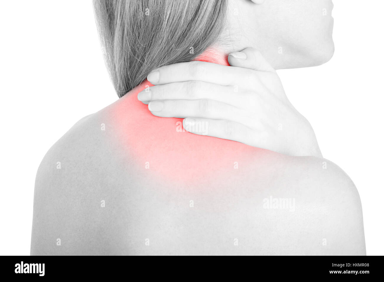 Young woman with neck pain, red area isolated on white, clipping path Stock Photo