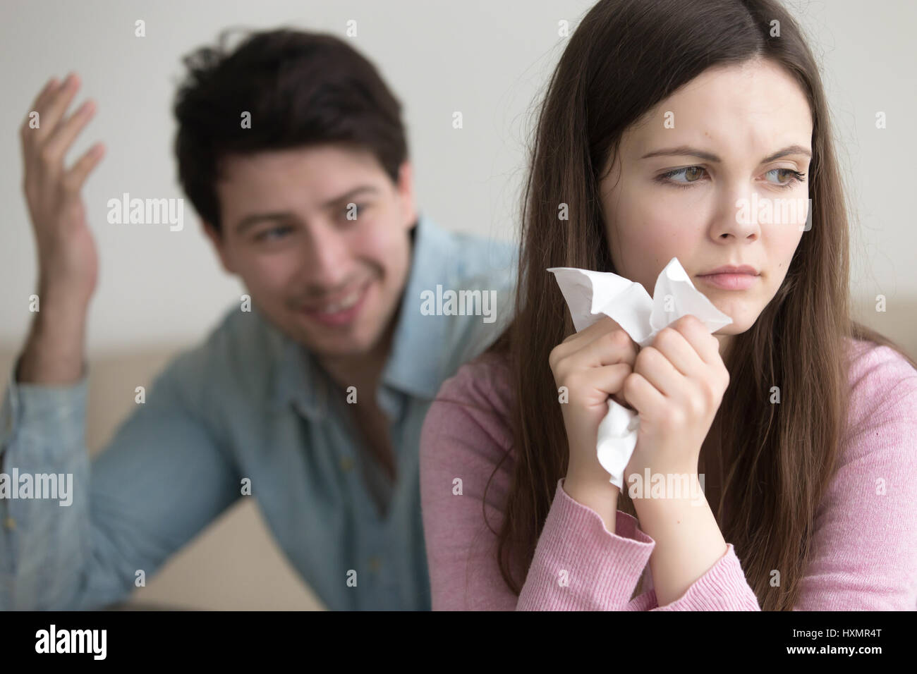 Young Man Cheering Up Beautiful Crying Lady Guy Comforts Woman