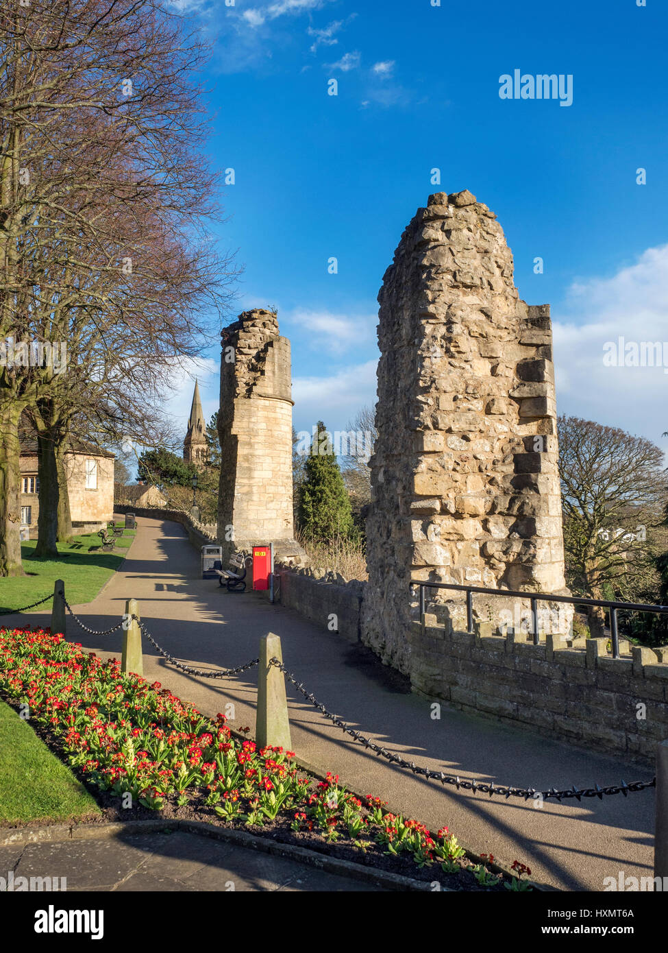 Ruined Towers at Knaresborough Castle with Holy Trinity Church in the Distance Knaresborough North Yorkshire England Stock Photo