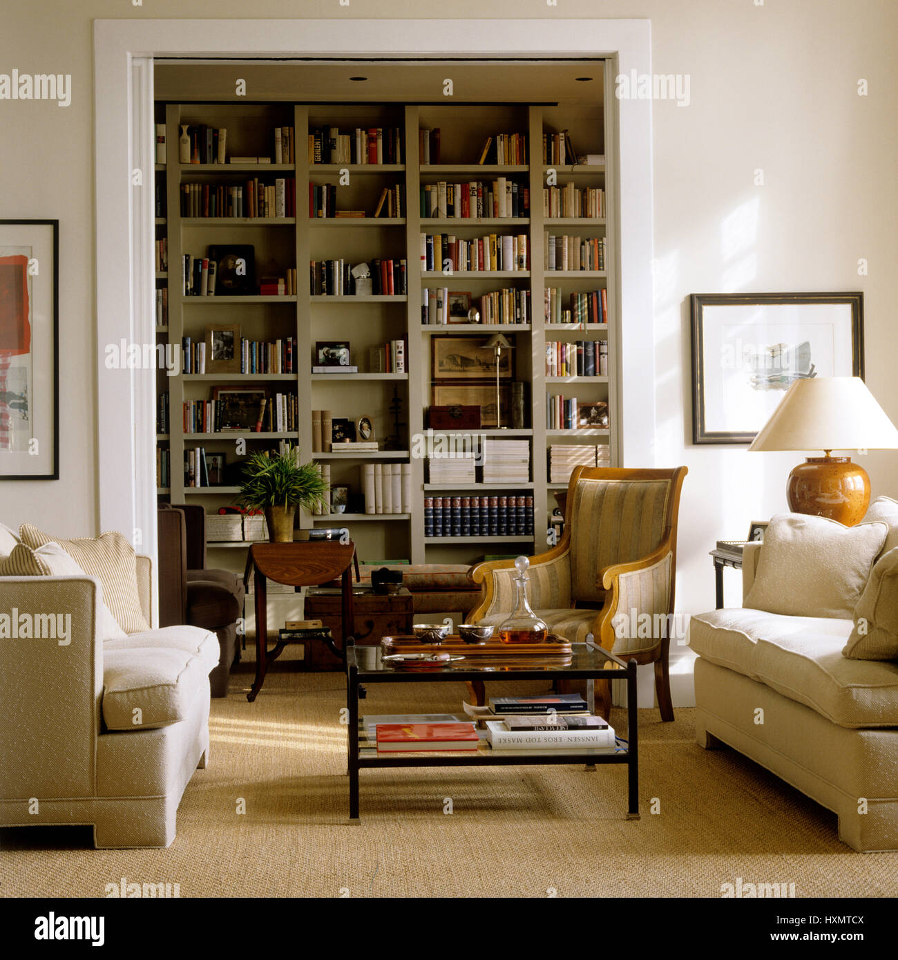 Living room with bookcase Stock Photo Alamy