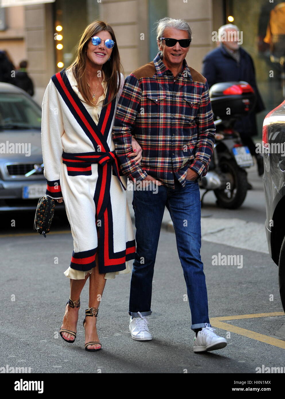 Anna dello Russo and Angelo Gioia take a stroll through downtown Milan, Italy after attending a fashion week show  Featuring: Anna dello Russo, Angelo Gioia Where: Milan, Italy When: 25 Feb 2017 Credit: IPA/WENN.com  **Only available for publication in UK, USA, Germany, Austria, Switzerland** Stock Photo