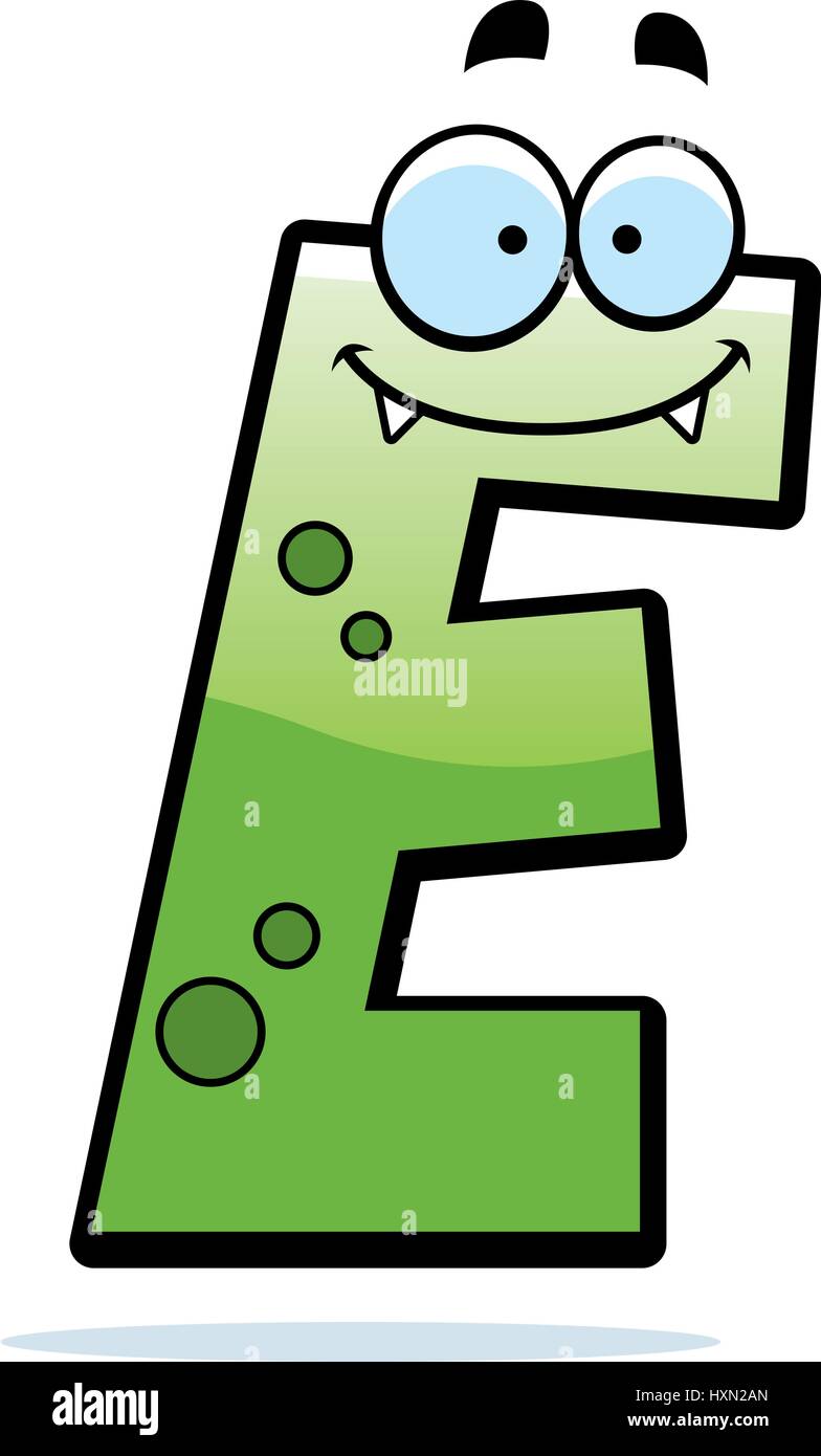 A cartoon illustration of a letter E monster smiling and happy. Stock Vector