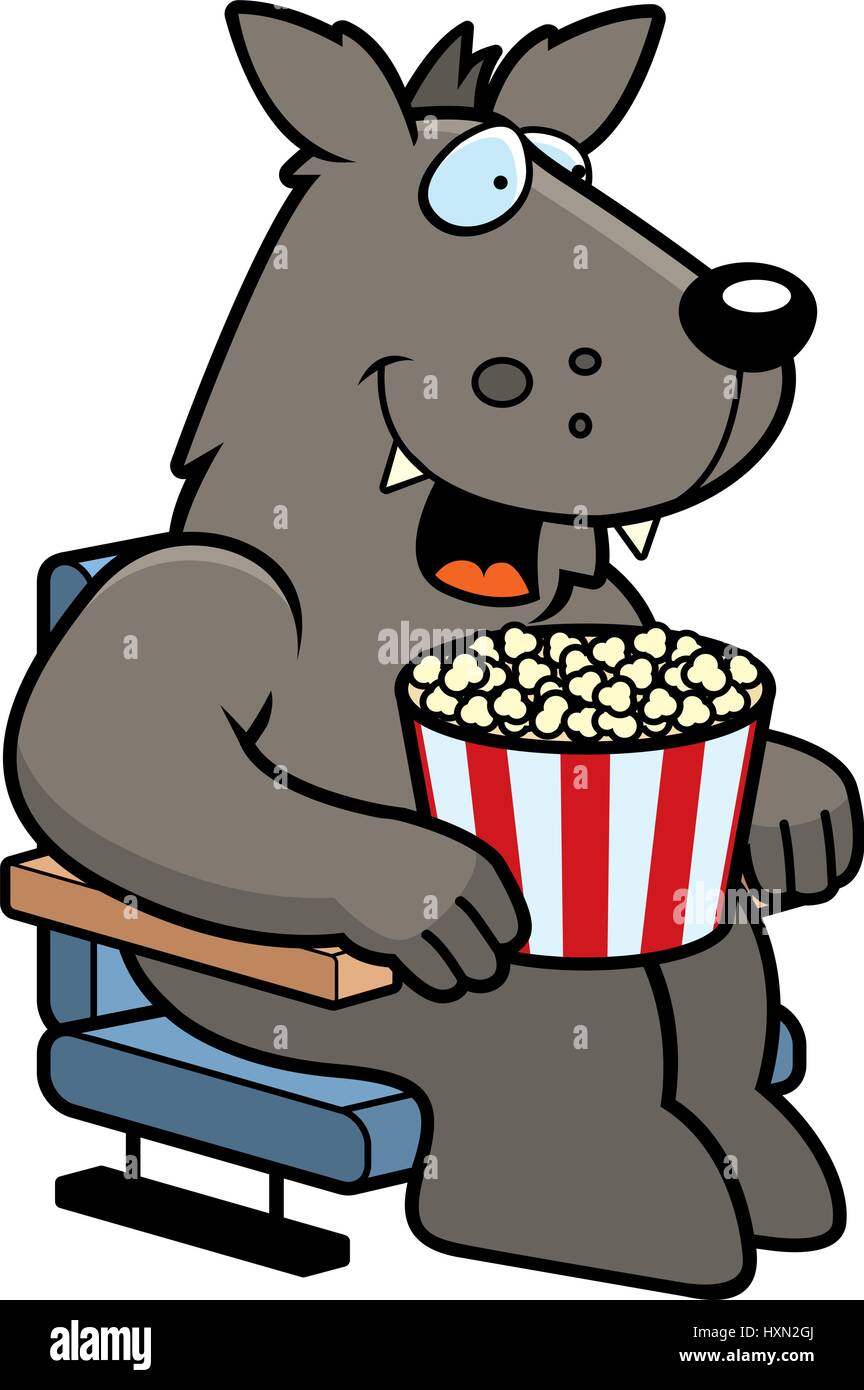 A cartoon illustration of a wolf at the movies. Stock Vector
