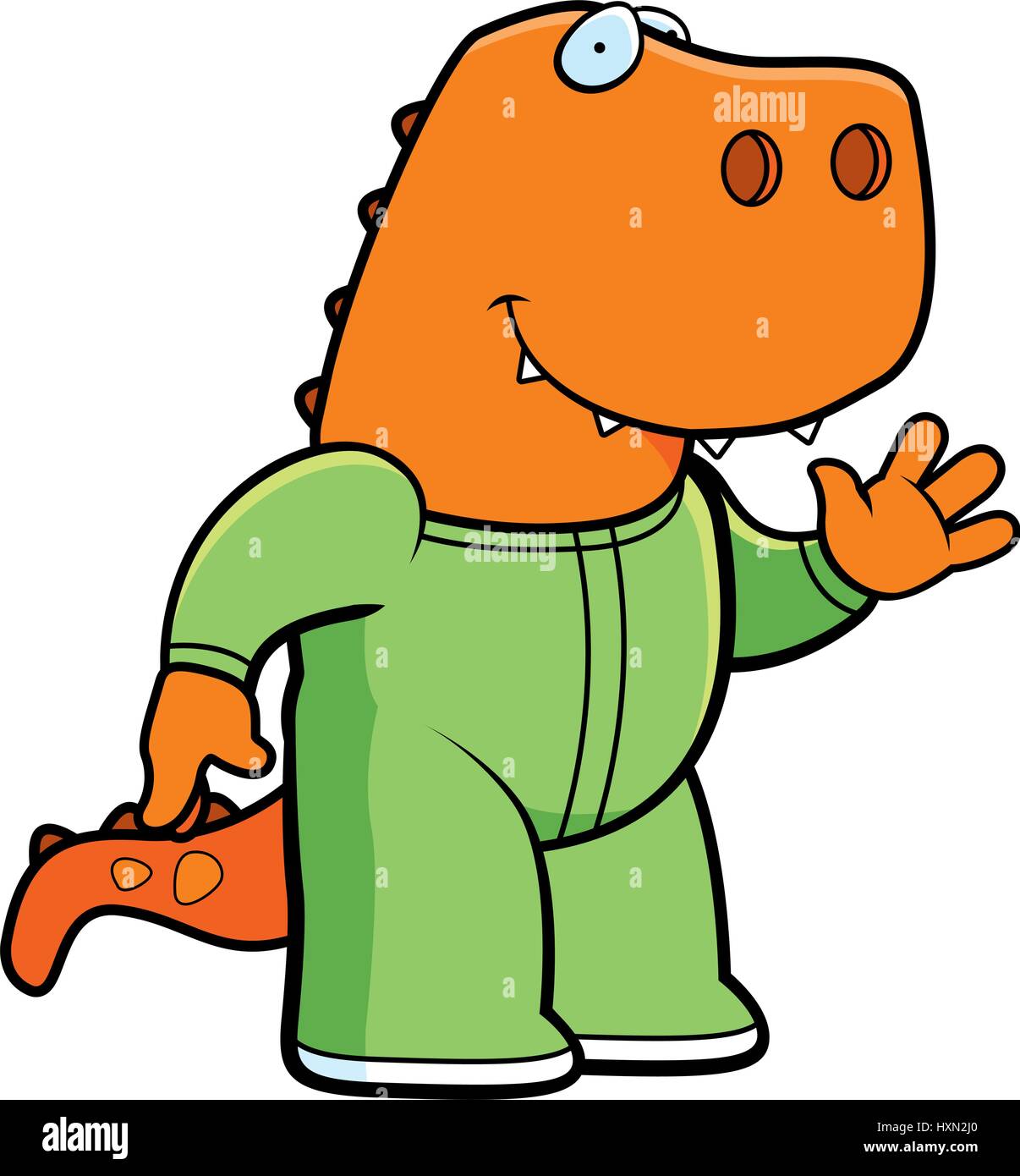 A cartoon illustration of a Tyrannosaurus Rex dinosaur wearing pajamas