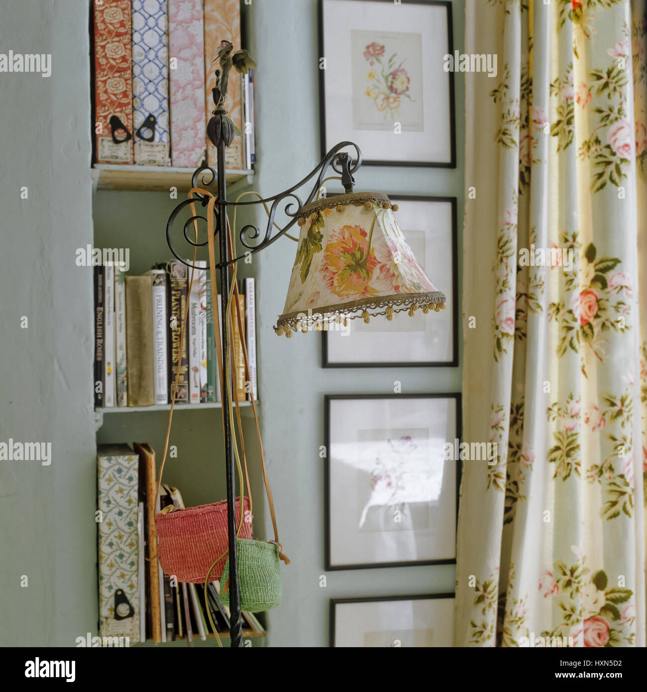 Bookcase beside floral patterned lamp. Stock Photo