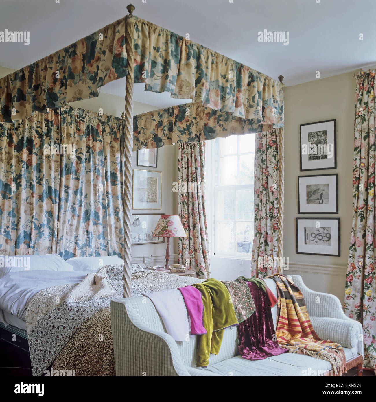 A floral patterned bedroom. Stock Photo