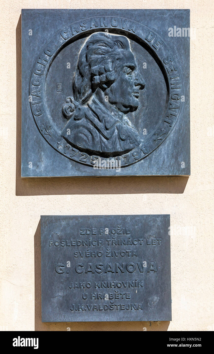 Commemorative plaque Giacomo Casanova at Duchcov Castle, Duchcov, Czech Republic, Europe Stock Photo
