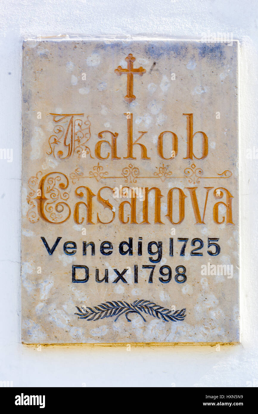 Tombstone in Chapel St Barbara, the place where he was buried Giacomo Casanova, Dux, Duchcov, Czech Republic, Europe Stock Photo