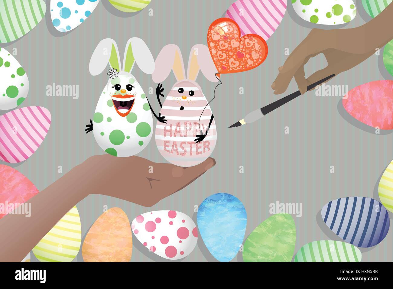Easter beautiful illustration. Easter egg - rabbits with a balloon air together a couple on a gray background. Artist paint with a brush. Stock Vector