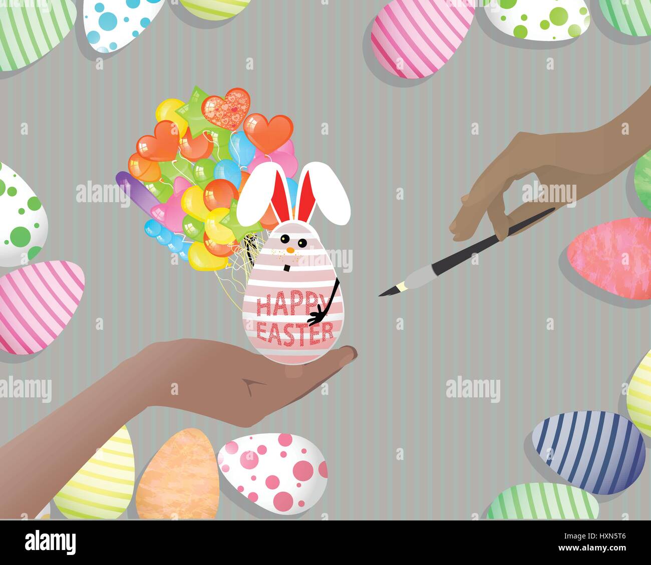 Easter beautiful illustration. Easter egg - rabbit with a bunch of air balls on a gray background. Artist paint with a brush. Stock Vector