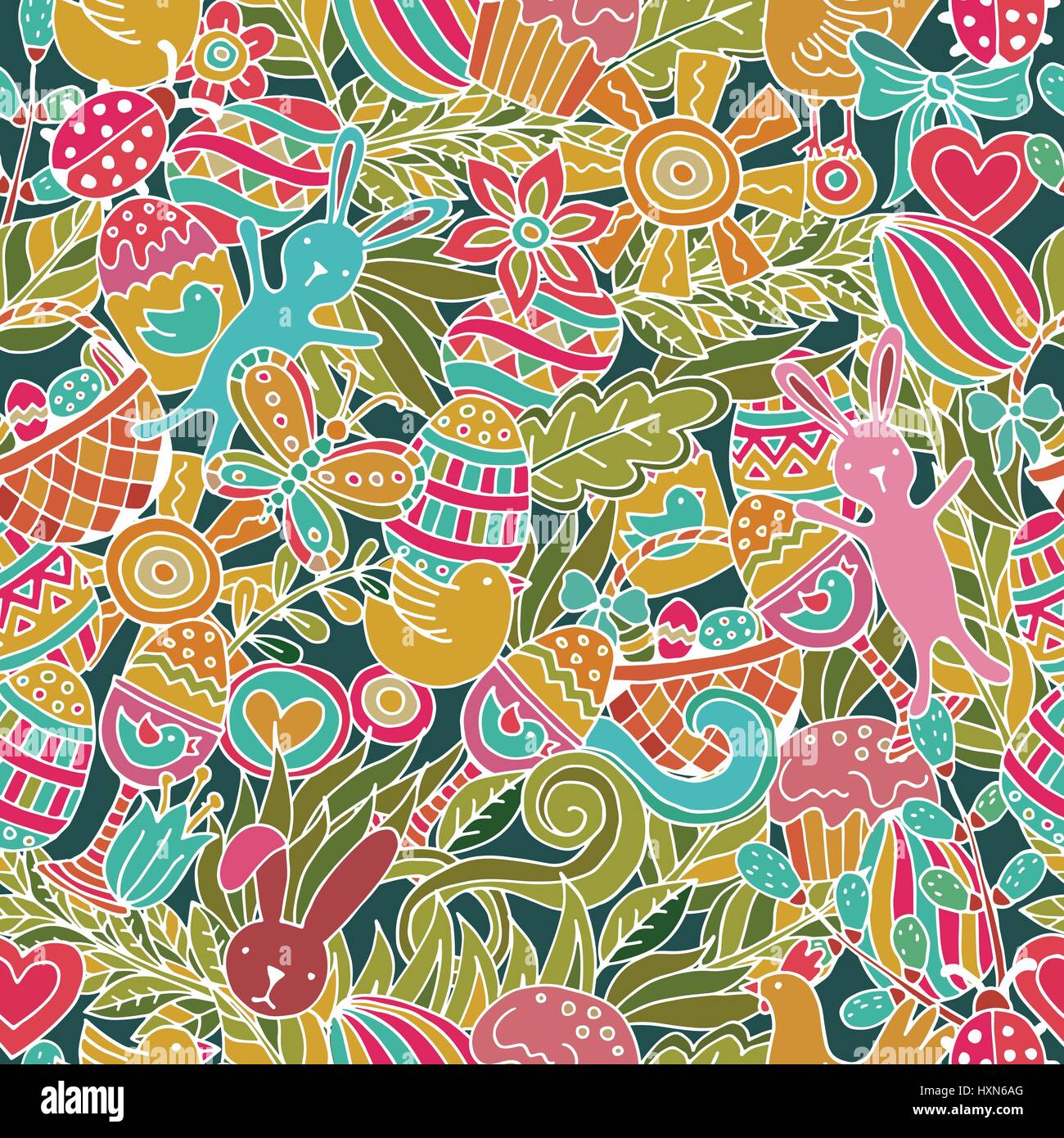 Cartoon vector hand drawn Doodle Happy Easter illustration. Seamless ...