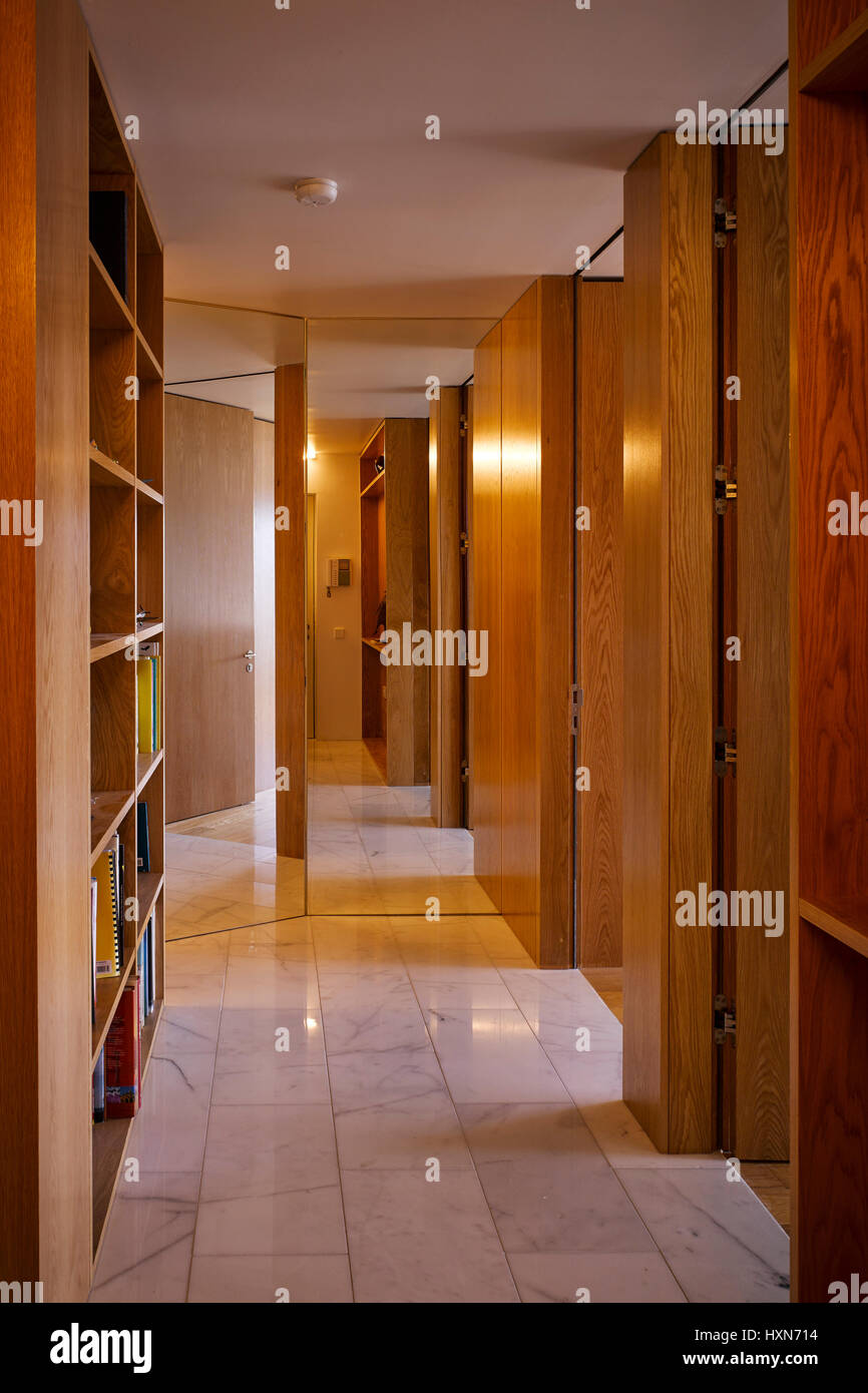 Interior view of corridor showing timber panelling and tiled floor