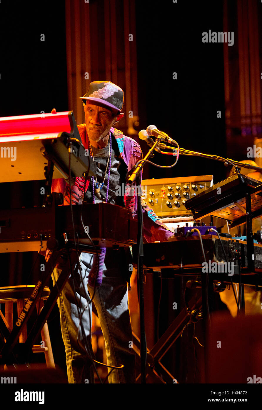 Bernie Worrell Orchestra playing at MOOG Fest at Diana Wortham Theatre, Asheville NC. Bernie Worrell is best known for his time in the band Parliment  Stock Photo