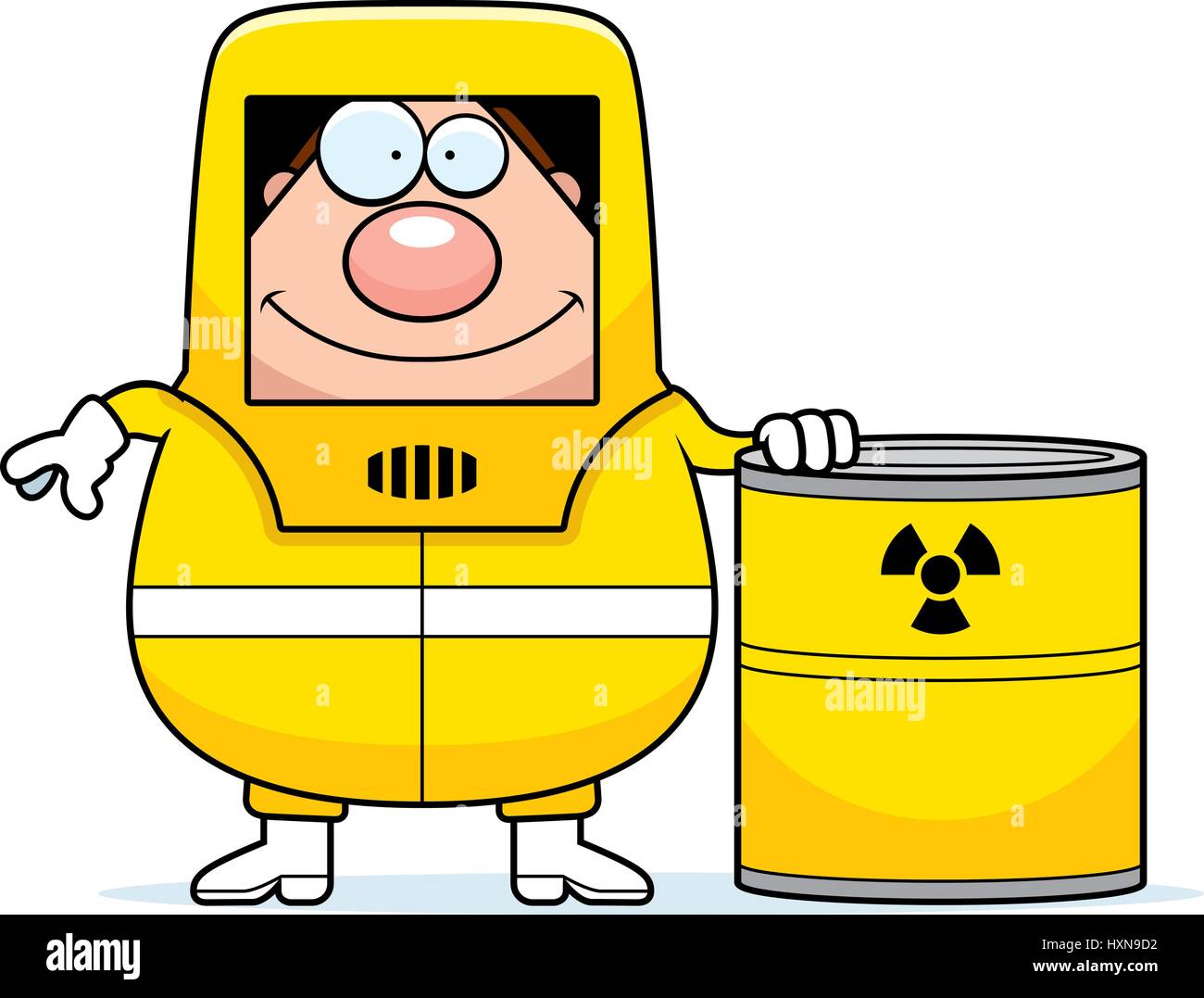 A cartoon illustration of a man in a hazmat suit with a barrel of Stock