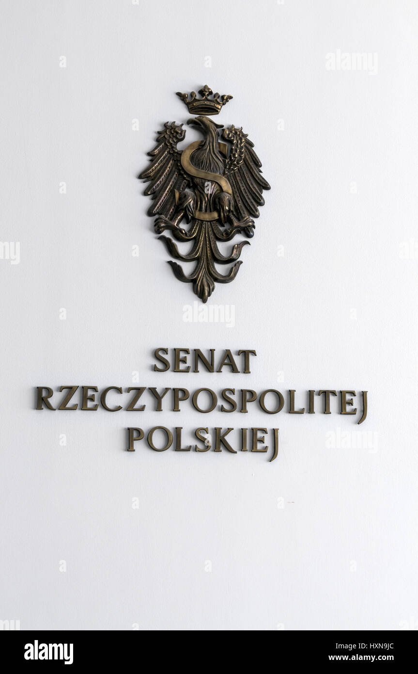 A wall crest outside the Senate Debate Hall, second chamber of the Polish Parliament on the first floor in Warsaw, Poland Stock Photo