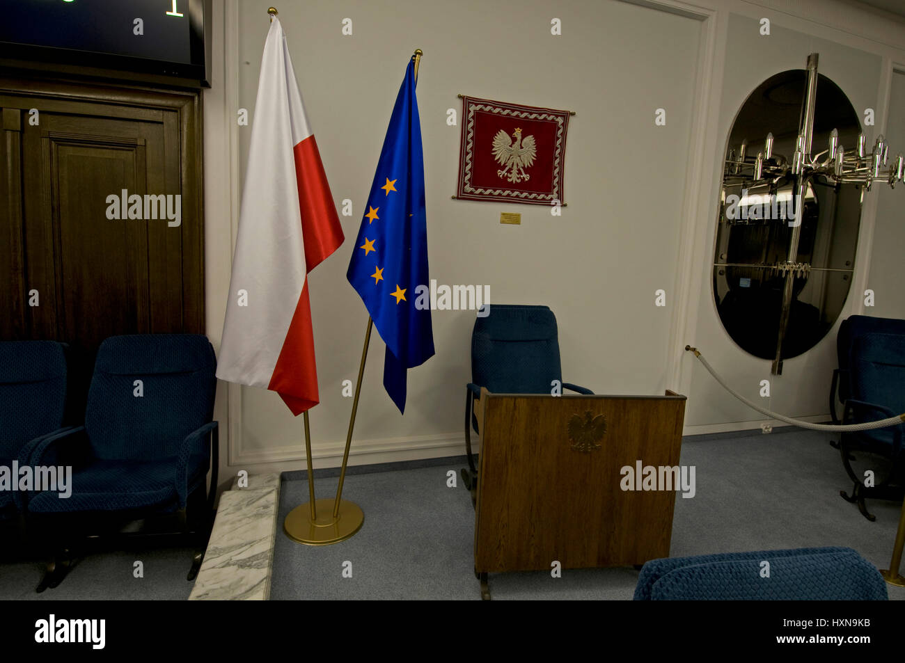 The seat of the Polish President in the Polish Senate Debate Hall, second chamber of the Polish Parliament in Warsaw, Poland.  The seat is where the p Stock Photo