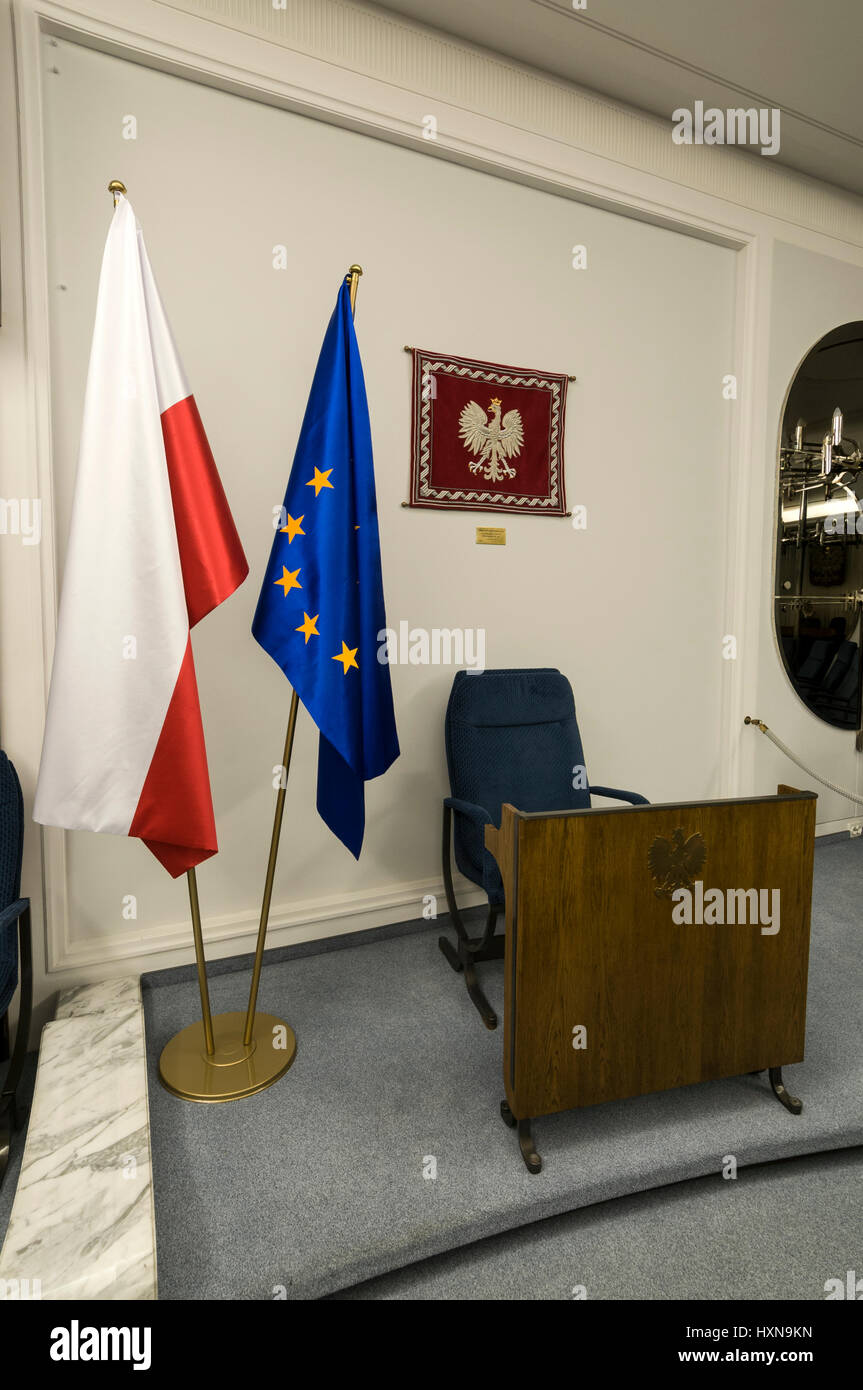 The seat of the Polish President in the Polish Senate Debate Hall, second chamber of the Polish Parliament in Warsaw, Poland.  The seat is where the p Stock Photo