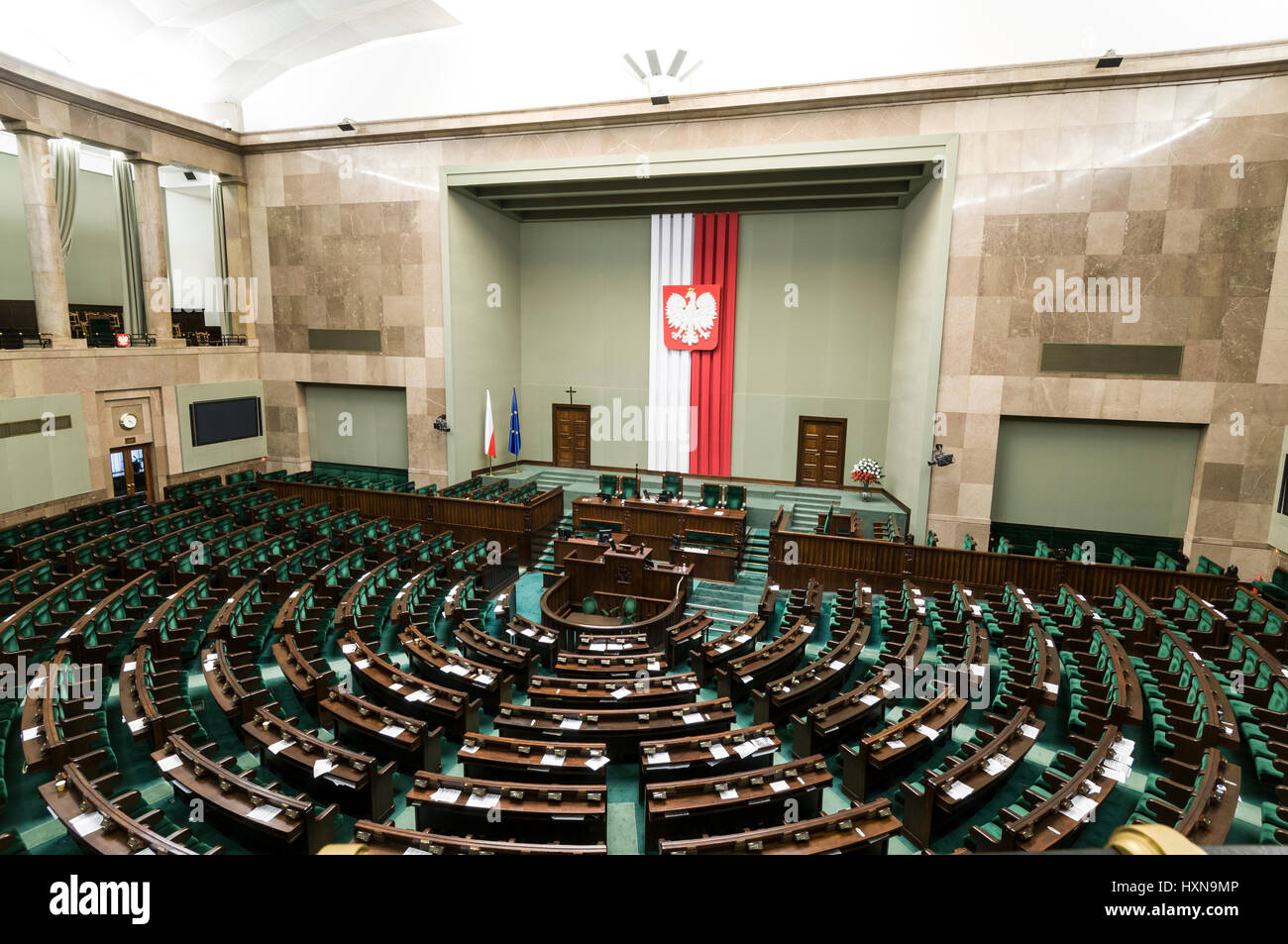 The Polish Sejim Debate Hall  of the Polish Parliament in Warsaw, Poland. Stock Photo
