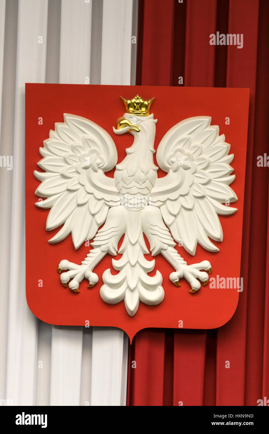 The Polish white eagle as the official Coat of Arms of Poland hanging inside the Polish Parliament in Warsaw, Poland Stock Photo