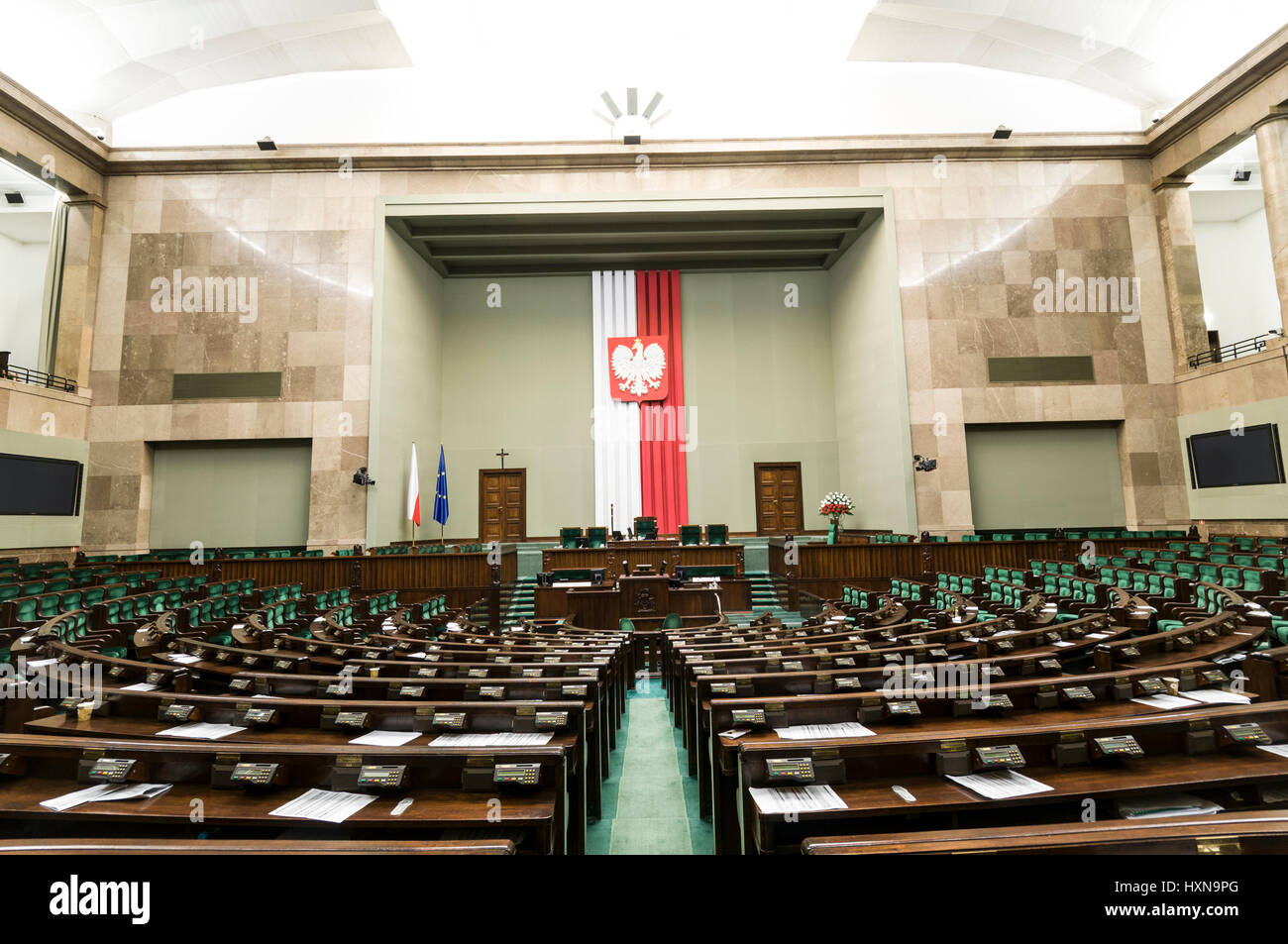 The Polish Sejim Debate Hall of the Polish Parliament in Warsaw, Poland. Stock Photo