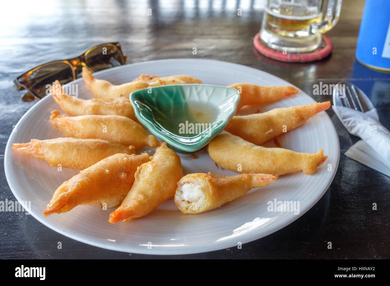 Thai style prawn tempura served as an appetizer at a restaurant in Hua Hin, Thailand Stock Photo