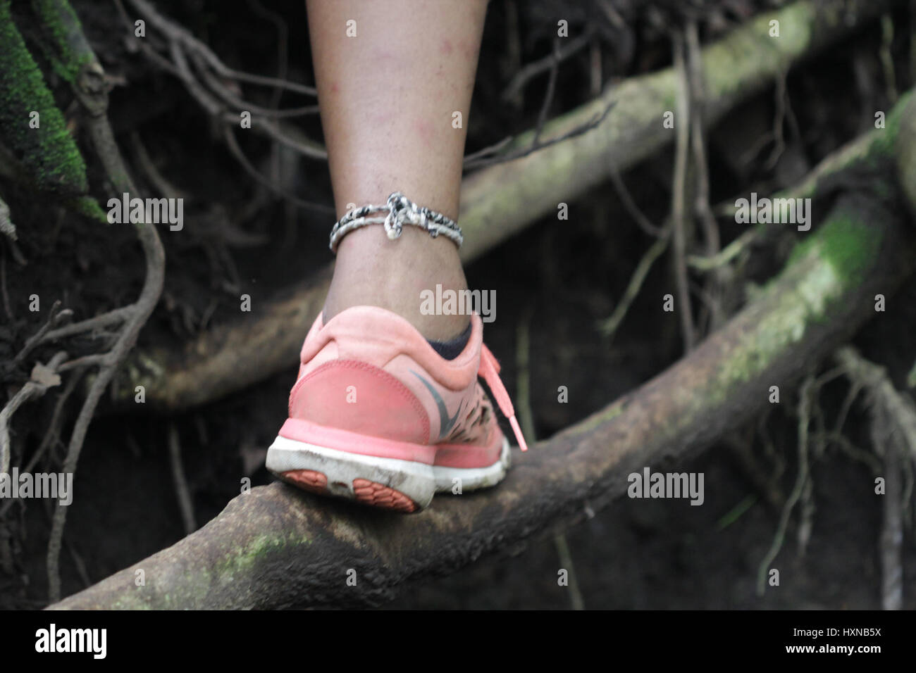 Shoes and feet of people hiking to the mountain through the jungle