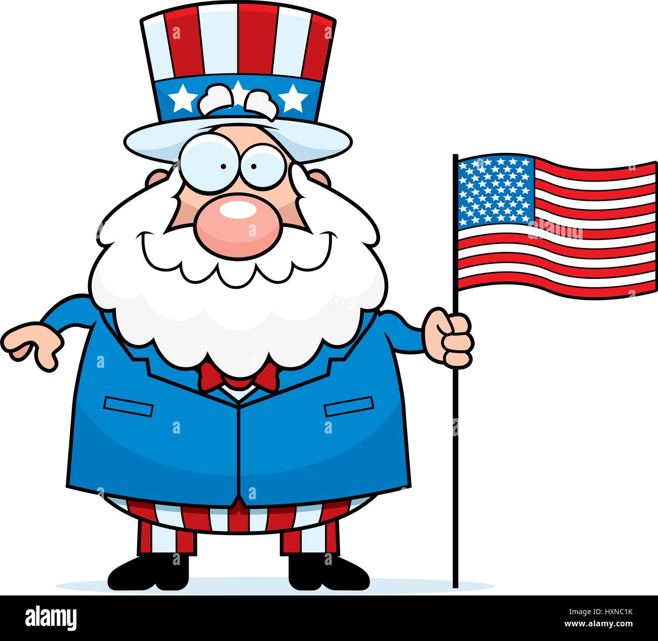 A cartoon illustration of a patriotic man with an American flag