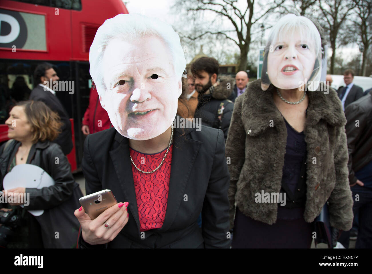 On the day that Article 50 was invoked to start the process of Brexit from the European Union, protesters gather in Westminster to show their displeasure that Britain will be leaving the EU on March 29th 2017 in London, England, United Kingdom. Stock Photo