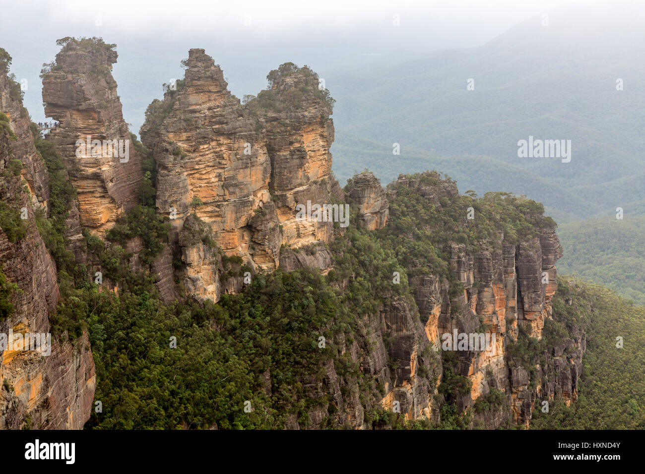 Famous Three Sisters rock formation in Jamison valley in the Blue mountains national park, viewed from Echo Point Katoomba ,New south Wales, Australia Stock Photo