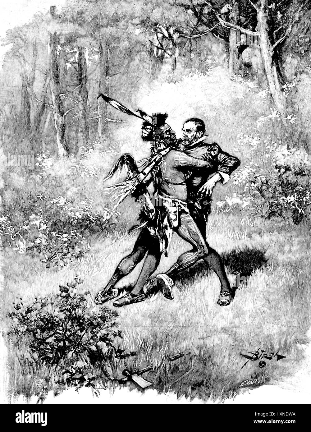Illustration of a Native American man with a feather headdress and traditional dress attacking a surprised colonial American settler in a wooded area, originally titled The Native and the Immigrant, 1896. Stock Photo