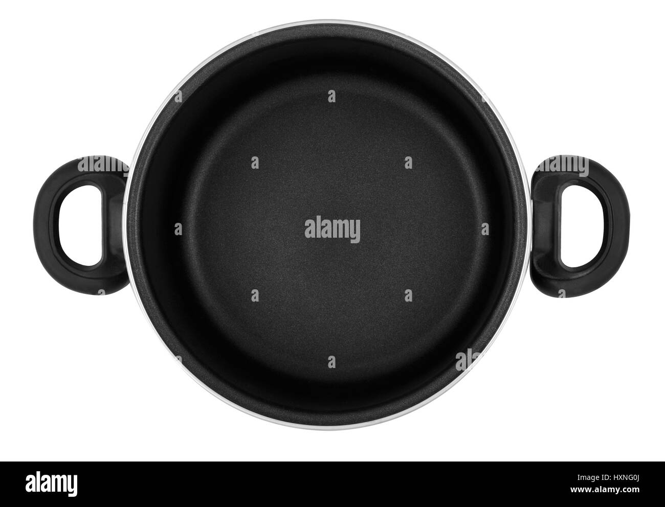 Casserole with ceramic coating, black handles, without a lid. View from above. Stock Photo