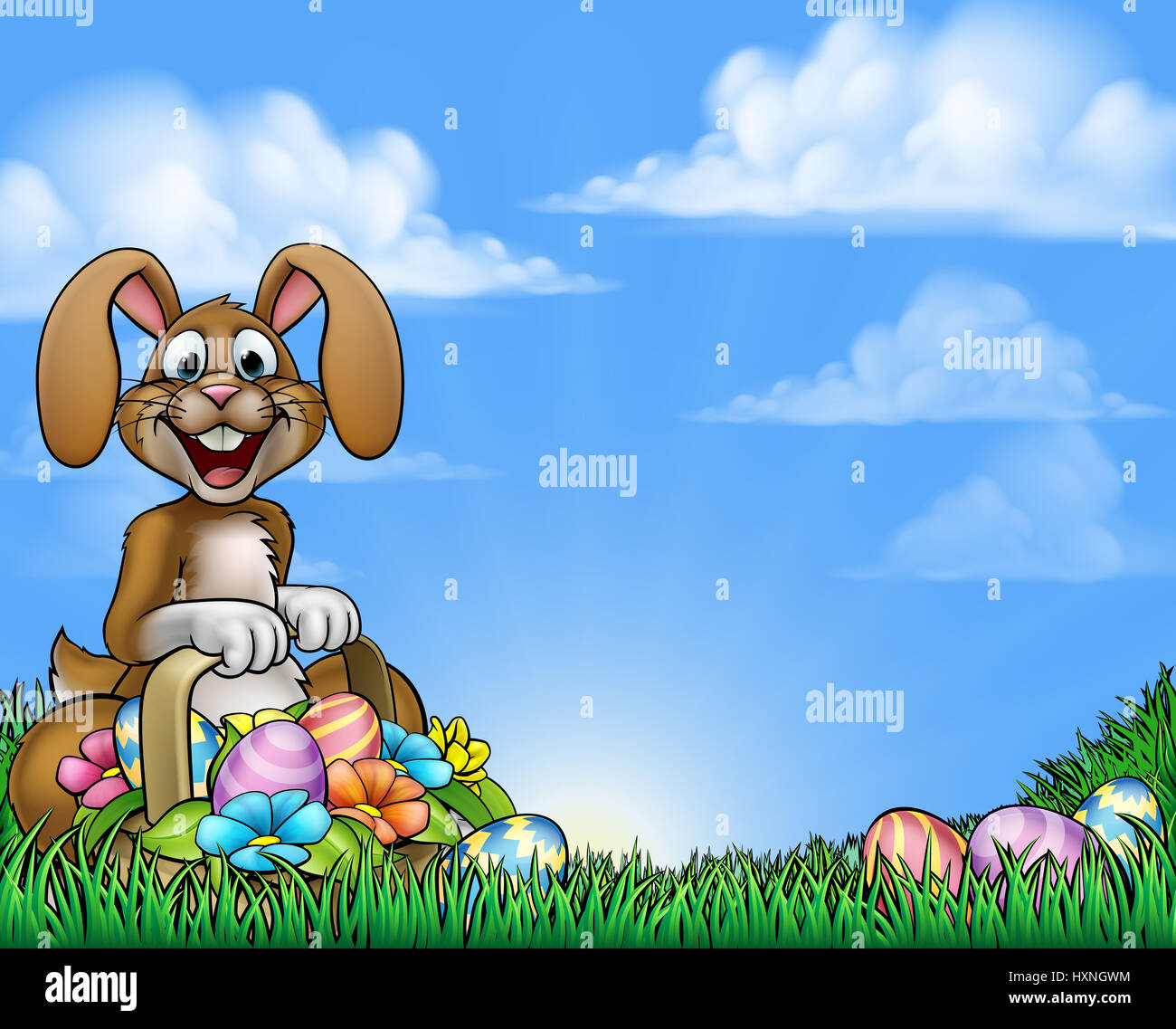 Easter background with the Easter bunny rabbit holding a basket full of