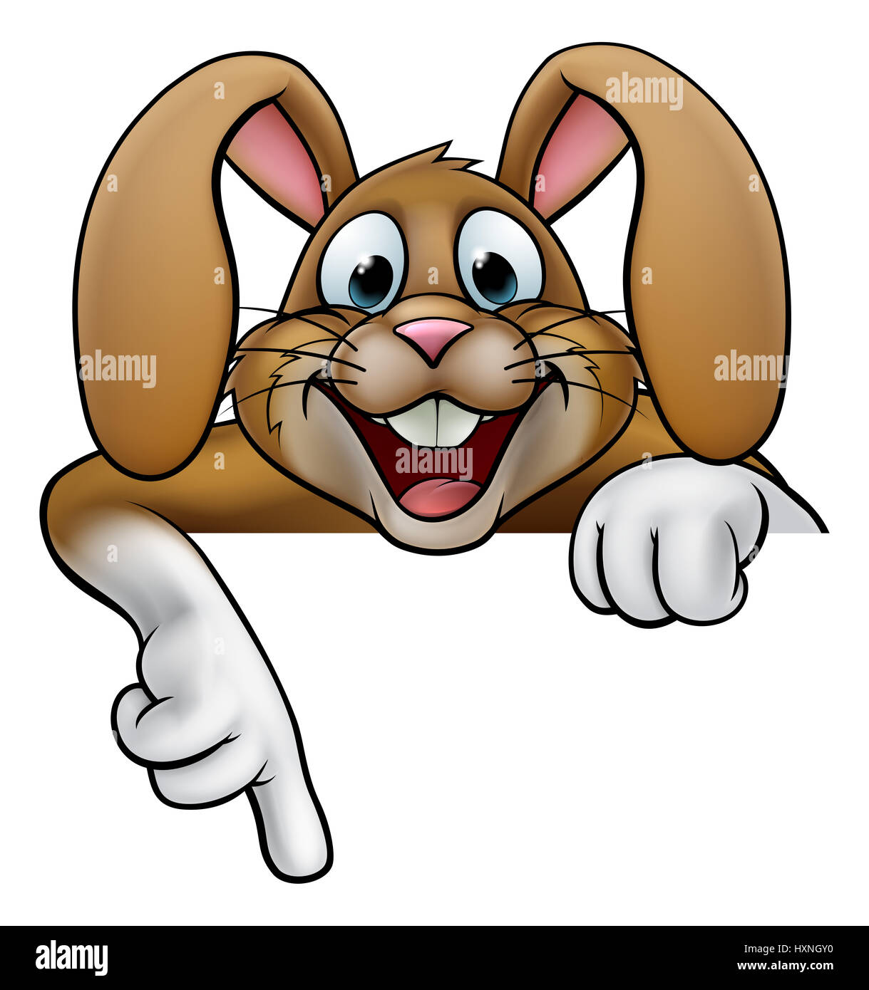 A cartoon rabbit or Easter bunny peeking over a sign and pointing Stock Photo