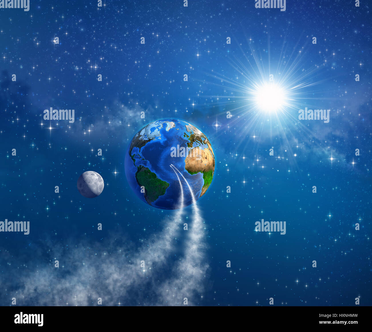 Spaceships landing on planet Earth, sunlight shining behind into deep space. Elements of this image furnished by NASA - 3D illustration. Stock Photo
