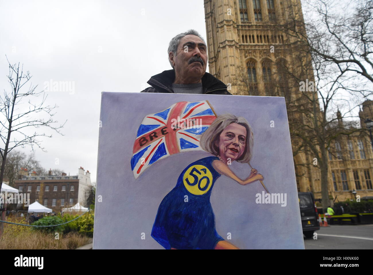 London, UK. 29th Mar, 2017. Anti-Brexit demonstrators show EU flags outside Downing Street and the Houses of Parliament. The Government has triggered Article 50 of Lisbon Treaty to leave the European Union. Credit: Alberto Pezzali/Pacific Press/Alamy Live News Stock Photo