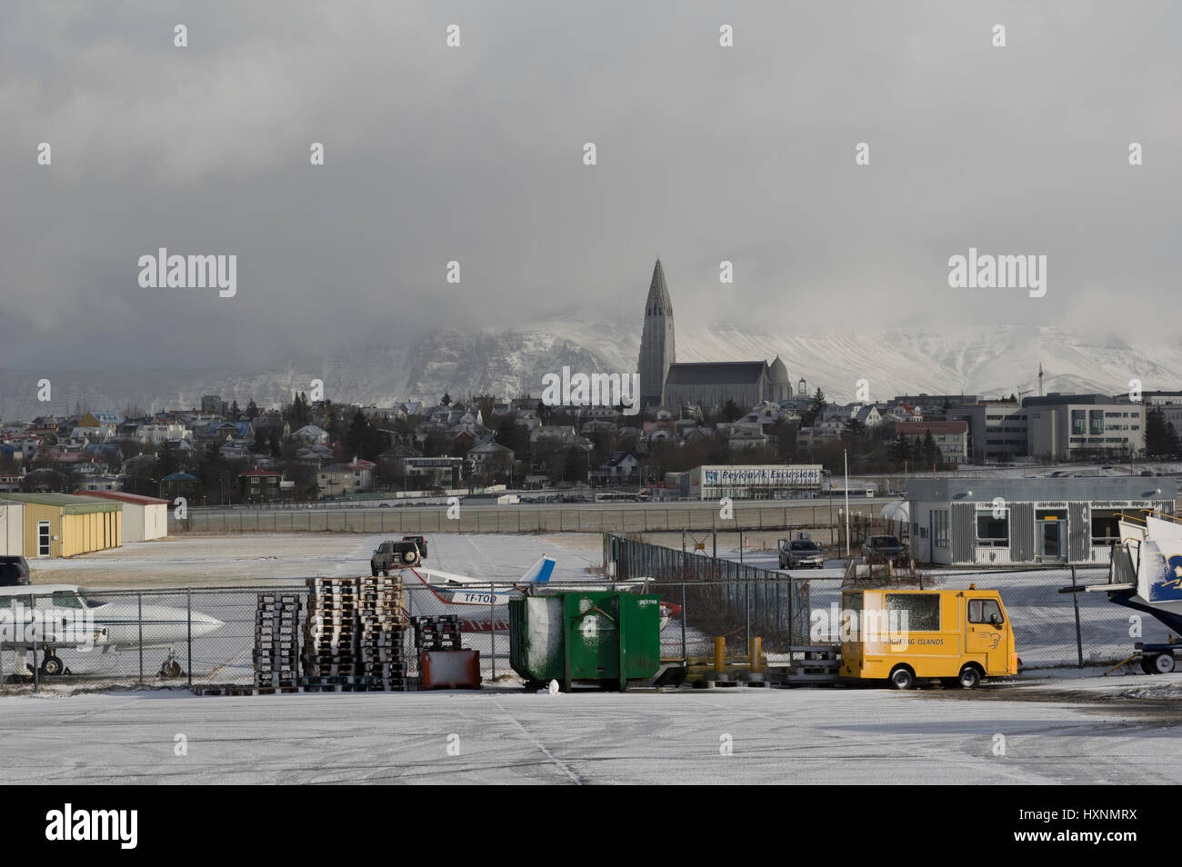 Hallgrímskirkja Church in Reykjavik Iceland seen in the distance from the airport Stock Photo