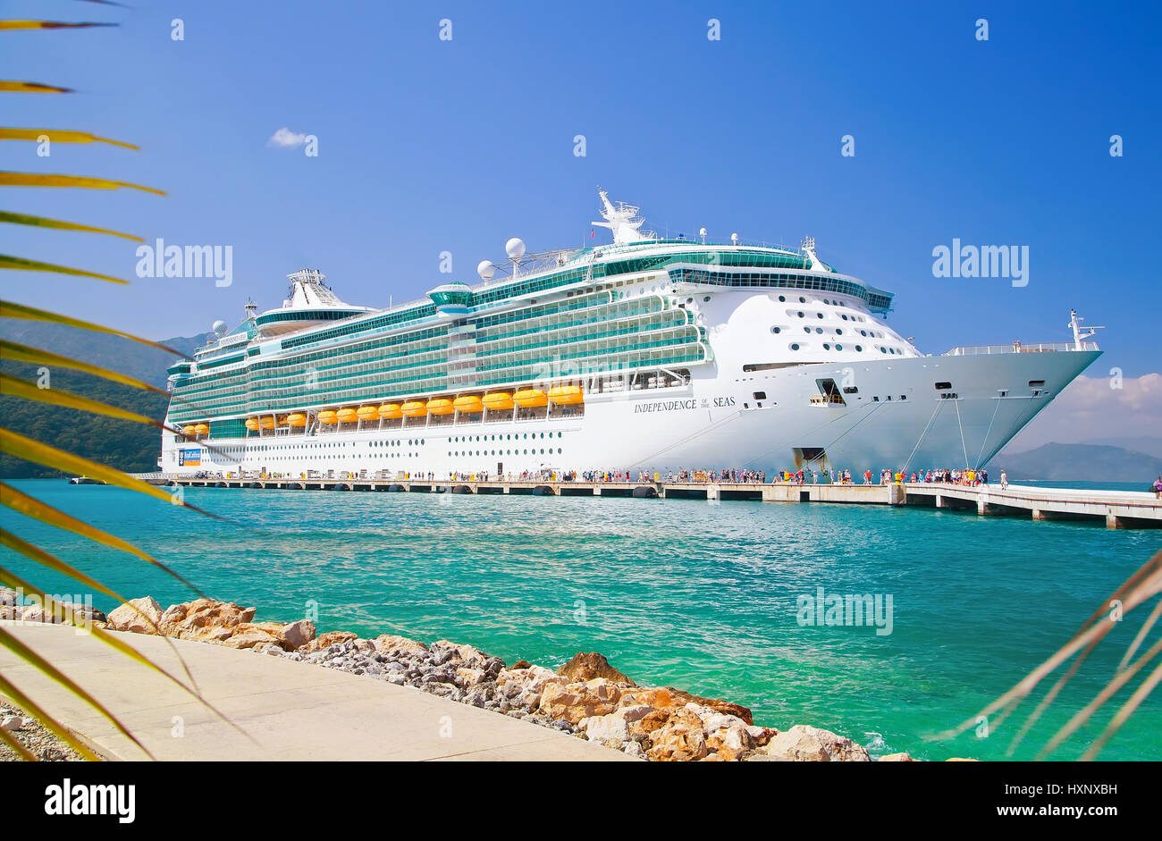 Royal Caribbean cruise ship Independence of the Seas docked at the private port of Labadee in the Caribbean Island Stock Photo